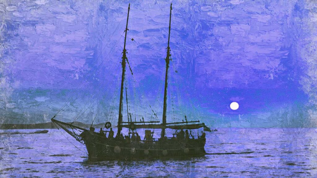 Ölgemälde von einem Segelschiff auf dem Meer als Metapher für Blue Ocean Strategy für Kunst- und Museumsausstellungen